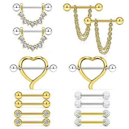 14G 9/16Inch Crystal Ball Nipple Tongue Shield Ring Barbell Body Piercing Jewelry Retainer 8-14PCS - color: 14PCS - Gold