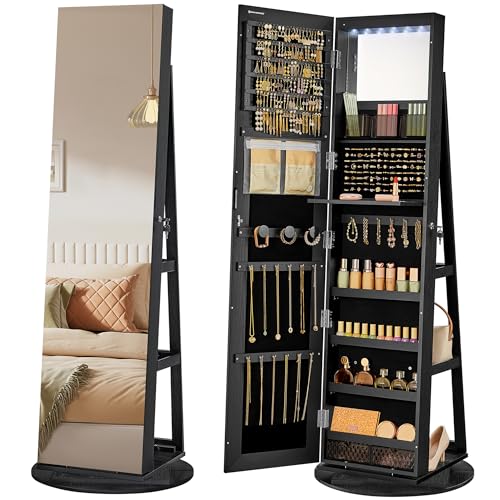 SONGMICS 6 LEDs Lockable Mirror Jewelry Cabinet, 360° Swivel Jewelry Organizer Armoire Standing, Frameless Full-Length Mirror, 3 Storage Shelves, Black Surface, Black Lining UJJC007B01 - color: Black, size: 14.6" Mirror