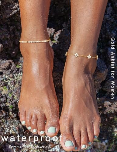 RLMOON Gold Silver Anklets for Women Waterproof CZ Ankle Bracelets | 14K Gold Plated Layered Stackable Clover Butterfly Tennis Chain Anklet Non Tarnish Trendy Summer Beach Foot Jewelry - color: Gold