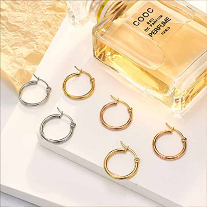 Jstyle Stainless Steel Hoop Earrings for Women Hypoallergenic Hoops Stack | Earrings for Sensitive Ears, Secure Click Clasps, Silver/Gold/Rose Gold, 10mm 15mm 20mm Small Medium Large Loop Earrings Set - size: 15mm