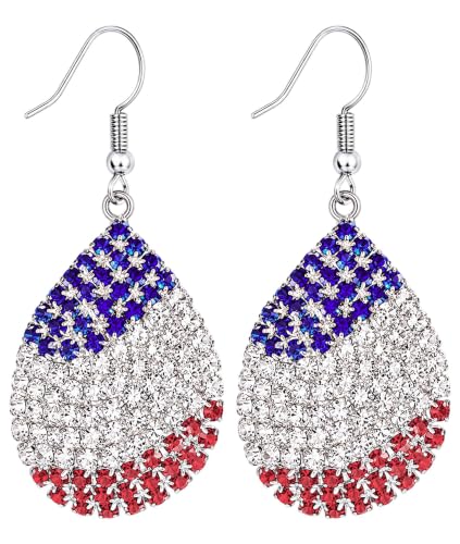 Go Ho 4th of July Earrings for Women, American Flag Red White and Blue Sparkly Crystal Dangle Earrings, Patriotic Jewelry Accessories - color: Teardrop