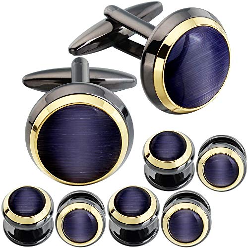 HAWSON Cufflinks and Studs for Men-Fashion Men Vintage Enamel Carbon Fiber Tuxedo Shirt Cufflinks and Studs Set for Regular Wedding Business Accessories - color: dark blue cat's eye