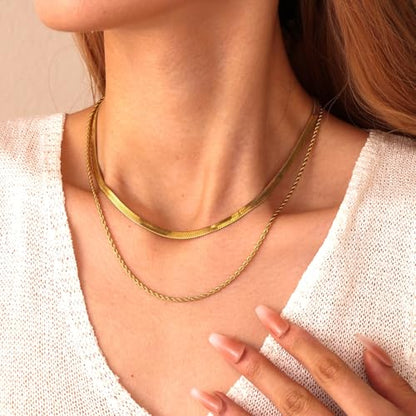 18K Gold Plated Necklace Bracelet Set Womens Stackable Adjustable Stainless Steel Minimalist Modern Everyday Jewelry Gift Gold and Silver - style: 3 Pcs Gold Necklaces