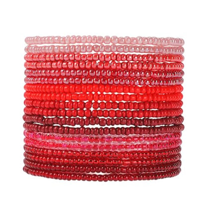 16-30Pcs Handmade Bohemian Colorful Crystal Seed Beads Stackable Adjustable Elastic Stretch Multilayerd Bracelets for Women Summer Vacation Beach Boho Bangle Jewelry - color: red
