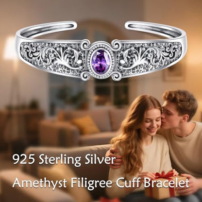 Genuine Amethyst Cuff Bracelet, 925 Sterling Silver Vintage Filigree Engraved Open Bangle Purple Gemstone Boho Jewelry February Birthstone Gift for Women - style: Style B