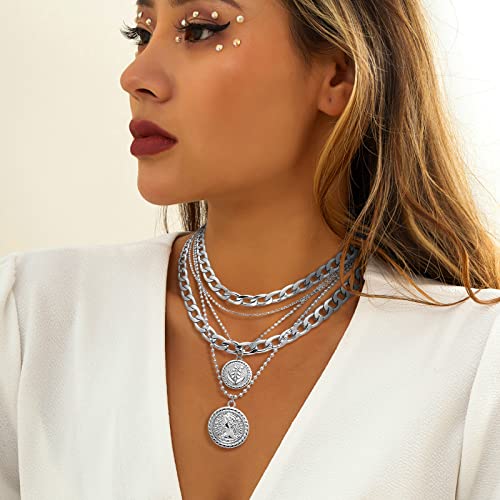 MJartoria Gold Layered Necklaces for Women Trendy Retro Birthflower Coin Pendant Necklace Dainty Chunky Chain Choker Necklaces for Jewelry Birthday Gifts - color: Silvery, style: May Birthflower-Lily