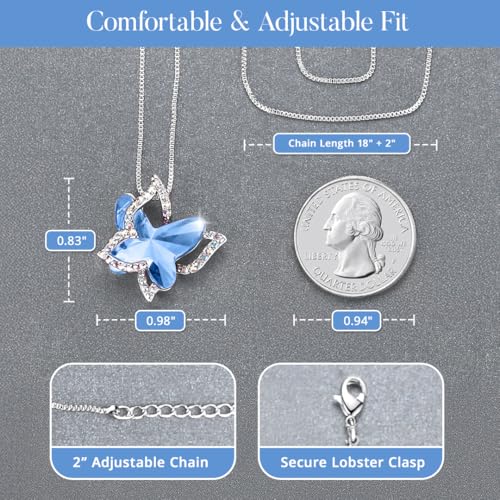 Butterfly Necklace, Birthstone Crystal, for Women, Silver Tone Pendant Jewelry, Anniversary Birthday Gift for Her, Wife & Mom, 18"+2" - color: 03-March & December Birthstone - Light Sapphire Blue Crystal