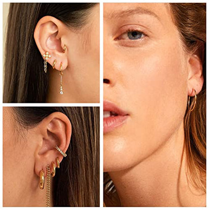 PABBEU 925 Sterling Silver Small Hoop Earrings Set for Women Hypoallergenic | 3Pairs Cubic Zirconia Small Huggie Hoop Earrings Set 13/15/20mm,Nickel-Free Lightweight Comfortable Sleeper Earrings Gift Set - color: 13/15/20mm T Gold