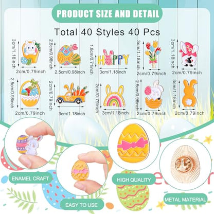 Giegxin 40 Pcs Easter Enamel Pins Bulk Spring Holiday Lapel Pin Bunny Backpack Cute Carrot Easter Eggs Flowers Butterfly Flower Basket Brooch for Women Girls Gifts - style: Easter