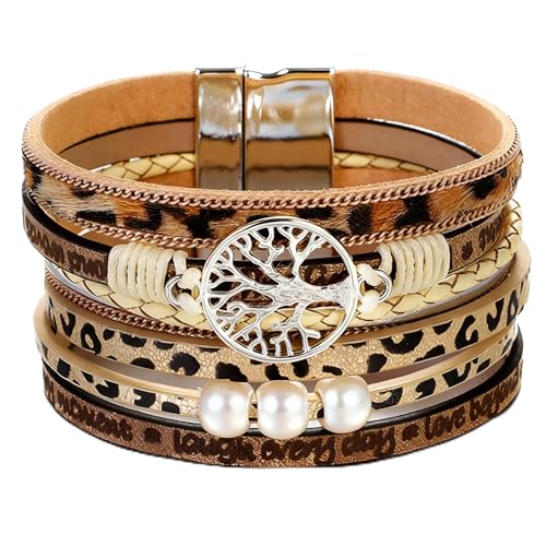 Leather Wrap Bracelets for Women, Boho Leopard Multi-Layer Crystal Beads Cuff Jewelry - color: J-Warp-001