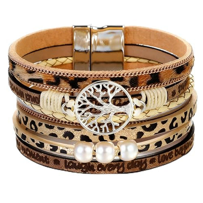 Leather Wrap Bracelets for Women, Boho Leopard Multi-Layer Crystal Beads Cuff Jewelry - color: J-Warp-001