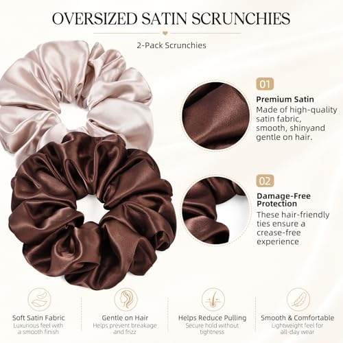 2 PCS Brown Jumbo Satin Silky Scrunchies 6.5 Inches Oversized Scrunchie Extra Large Big Hair Ties Ponytail Holder for Thick Curly Hair Women (Brown, Pink Taupe) - color: Brown, Pink Taupe