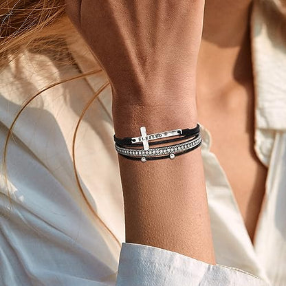 Fesciory Leather Wrap Bracelet for Women, Boho Western Layered Cuff Jewelry | Stackable Bracelets, Easy-On Clasp, Daily Wear, Pairs with Boho Western Outfits, Gift for Women - color: Black13