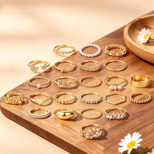 Golden Silvery Knuckle Rings Set for Women, Stackable Rings Bohemian Crystal Hollow Carved Flowers Joint Finger Rings Pack Fashion Jewelry Gifts for Birthday - color: Golden 48PCS