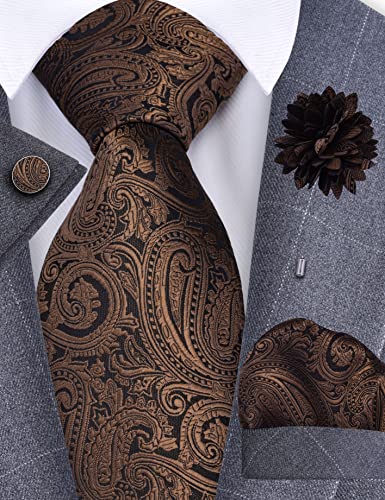 GUSLESON 3.15"（8cm） Mens Tie and Lapel Pin Paisley Necktie Hankerchief Cufflinks Set for Men - color: Brown