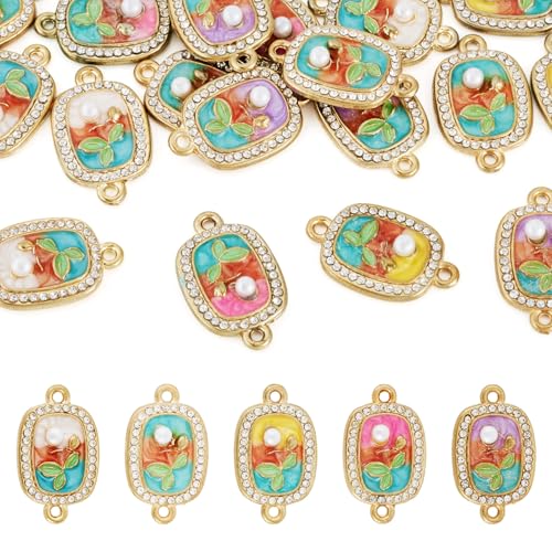 20Pcs Rhinestone Enamel Flower Charms Rectangle with Flower Connector Charms Vintage Oil Painting Floral with Faux Pearl Bead Pendants for Bracelet Necklace Earring DIY Crafts - color: Golden Plated, Mixed Color