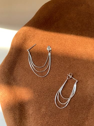 Tassel Earrings for Women Gold Plated Silver Chain Earrings Dainty Minimalist Dangle Drop Studs - color: F-Silver with Three Chains