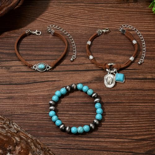 LOTSOF Western Turquoise Beaded Bracelet, Chic Stack Beaded Western Style for Country Concerts, Cowgirl Outfits & Boho Jewelry - color: Western Turquoise Cowboy Hat