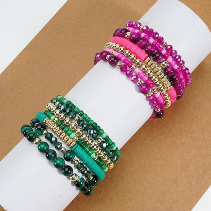 7/12Pcs Set Bohemian Stackable Crystal Seed Beaded Elastic Stretch Bracelet Multilayerd Handmade Brass Bead for Women Jewelry Surfer Heishi Polymer Clay Layering - color: green