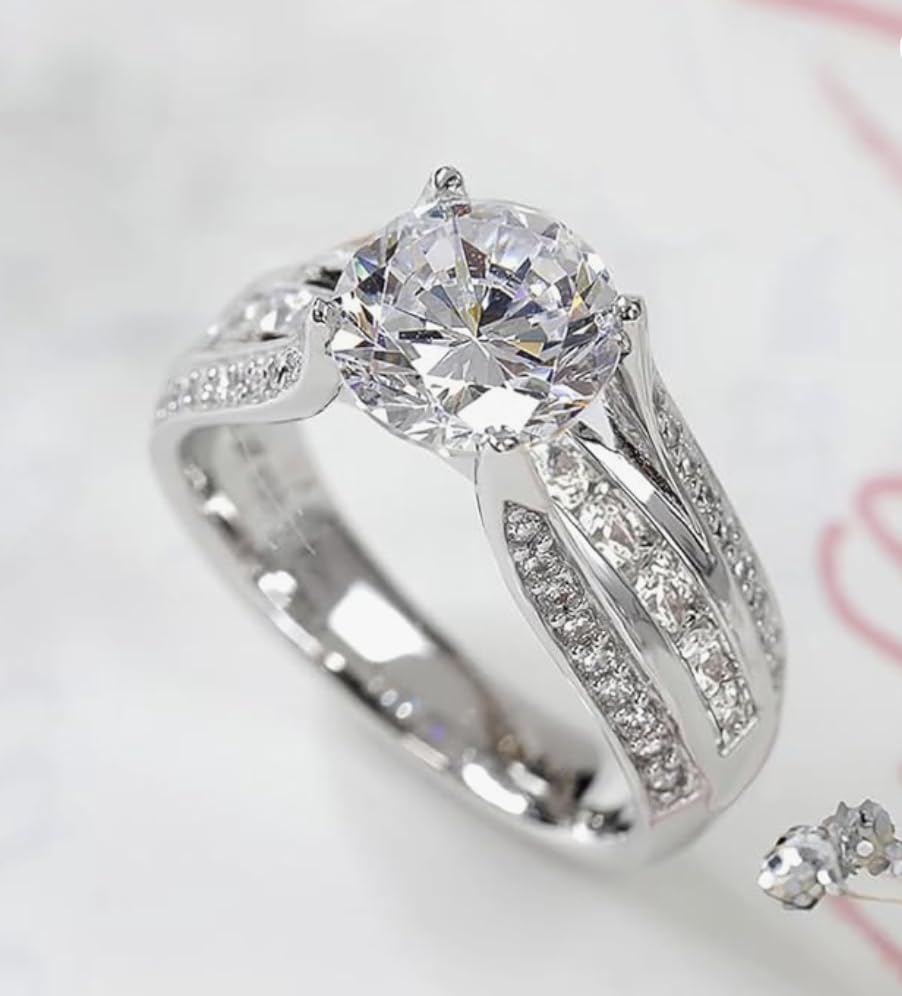 Trendy Women's Eternity Proposal Ring | Shiny Cubic Zirconia Inlaid Fashion Finger Jewelry - color: Silver