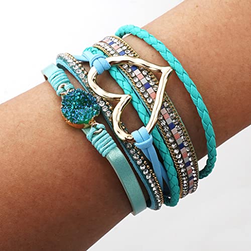 Suyi Multilayer Leather Wrap Bracelet Heart-Shape Wide Bracelets for Women - color: Light Blue