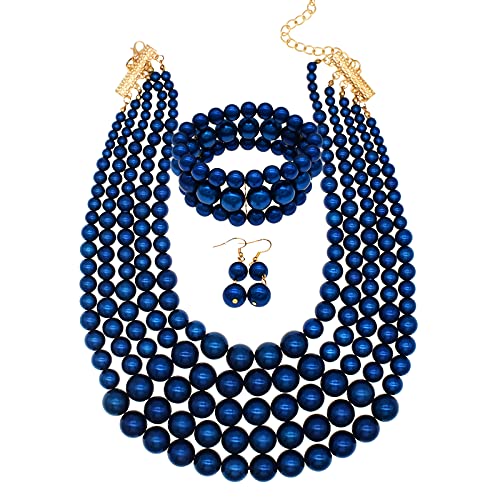 JNF Large Faux Pearl Necklaces for Women Multi strand Pearl Necklace Bracelet and Earrings Set 1920s Costume Pearls Necklace Jewelry Accessories - color: Royal blue pearl necklace