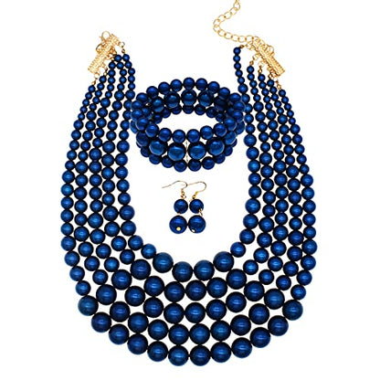 JNF Large Faux Pearl Necklaces for Women Multi strand Pearl Necklace Bracelet and Earrings Set 1920s Costume Pearls Necklace Jewelry Accessories - color: Royal blue pearl necklace
