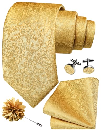 GUSLESON Paisley Tie Set for Men 3.15" Necktie Lapel Pin Hankerchief Cufflinks Set for Men - color: Gold -1