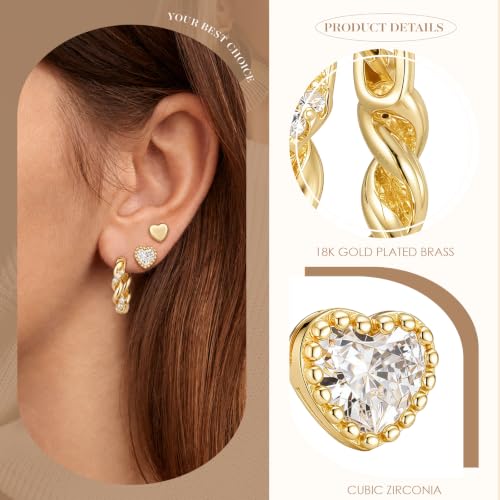 Huggie Hoop Earrings,Dainty Earring Set,3 Pairs Heart Stud, CZ Heart Stud and Twisted Huggie Hoop, Fashion Jewelry for Women