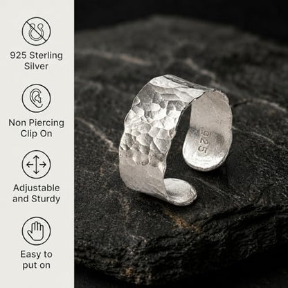 925 Sterling Silver Ear Cuff, Handmade Single Band Adjustable Non Piercing Clip On Cartilage Earring, Minimalist Ear Wrap Faux Piercing Jewelry for Women - style: Hammered Band