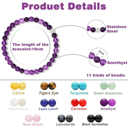 Raicegs 4 6 8MM Beaded Bracelets Healing Crystal Bracelet for Women Men Natural Stone Handmade Stretch Bracelet Reiki Spiritual Jewelry - color: Amethyst, size: 6mm