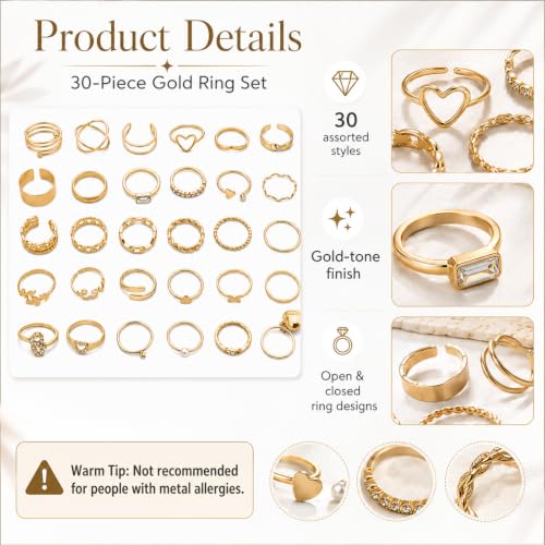 30 Pcs Gold Stackable Rings Set for Women, Cute Finger Midi Rings with Heart Butterfly Designs, Perfect for Stacking Layering on Thumb Knuckle, Mixed Size Gold Plated Statement Rings Pack