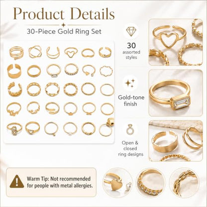 30 Pcs Gold Stackable Rings Set for Women, Cute Finger Midi Rings with Heart Butterfly Designs, Perfect for Stacking Layering on Thumb Knuckle, Mixed Size Gold Plated Statement Rings Pack