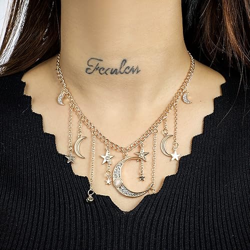 Moon Stars Tassel Pendant Necklaces Big Moon Clavicle Necklace Star Tassel Collarbone Chain Fashion Moon Choker Celestial Star Long Tassel Neck Accessories Jewelry for Women - color: Gold