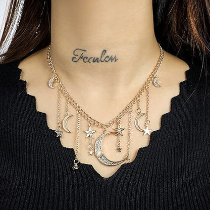 Moon Stars Tassel Pendant Necklaces Big Moon Clavicle Necklace Star Tassel Collarbone Chain Fashion Moon Choker Celestial Star Long Tassel Neck Accessories Jewelry for Women - color: Gold