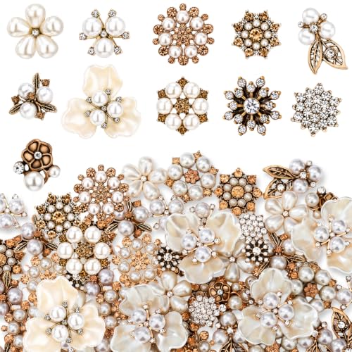 Hicarer 44 Pieces Pearl Rhinestone Buttons Rhinestone Faux Pearl Embellishments Brooch Alloy Floral Pendants for Jewelry Making Party Wedding Bridal Bouquet DIY Home Decoration(Bronze) - color: Bronze