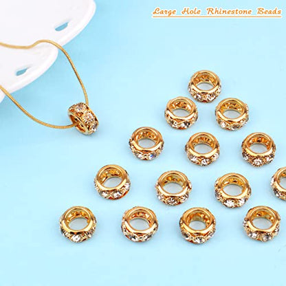 BronaGrand 40pcs 12mm Rhinestone European Spacer Beads Diamond Crystal Charm Beads Rondelle Loose Beads with 8mm Large Hole for DIY Bracelet Crafts Jewelry Making, KC Golden - color: Gold, size: 12MM
