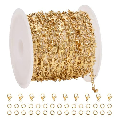 SMYHTGLIF 13 Feet Gold Cross Chain for Jewelry Making Stainless Steel Chain | Permanent Jewelry Making Chains Bulk Craft Chain Roll for Women Necklace Bracelet - color: Cross Gold