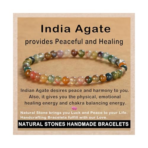 AD Beads Handmade Gemstone Stretch Elastic Bracelet Crystal Healing Reiki Nature's Beauty and Spiritual Essence Unisex (4mm, Indian Agate) - color: Indian Agate, size: 4mm