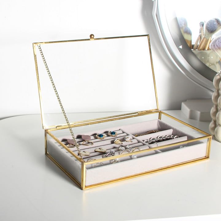 Feyarl Gold Glass Jewelry Trinket Box Ring Earring Display Holder Box Bracelet Brooch Organizer Decorative Photo Cards Collection Keepsake Case Insert Velvet Tray for Home Deco Dresser Table