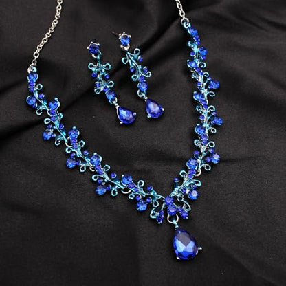 3Pcs Austrian Crystal Jewelry Set for Women, Necklace Dangle Earrings Link Bracelet Jewelry Set with Gold/Platinum/Gun Plated, Wedding Party Jewelry for Bridal Bridesmaid - color: Deep Blue-Platinum Plated