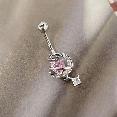 14G CZ Moon Dangle Belly Button Rings for Women Dainty Pink Heart Square Crystal Dangle Belly Button Ring Hypoallergenic Stainless Steel Belly Piercing Jewelry Navel Curved Barbell 3/8"