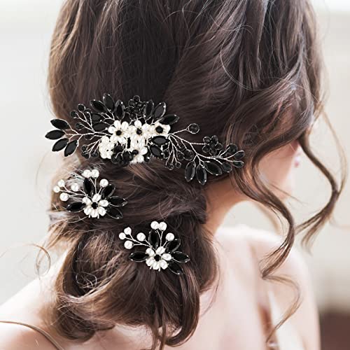 5 Pieces Wedding Hair Comb Bridal Pins Crystal Pearl Wedding Hair Accessories Rhinestone Flower Piece for Bride Bridesmaids Women(Black) - color: Black