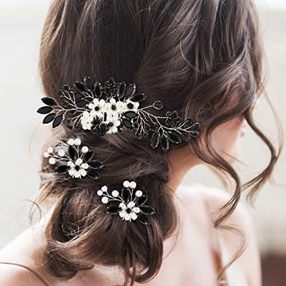 5 Pieces Wedding Hair Comb Bridal Pins Crystal Pearl Wedding Hair Accessories Rhinestone Flower Piece for Bride Bridesmaids Women(Black) - color: Black
