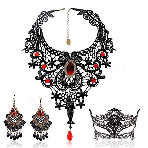 Black Lace Necklace and Earrings Set, Gothic Lolita Red Pendant Choker for a Halloween Costume and Wedding