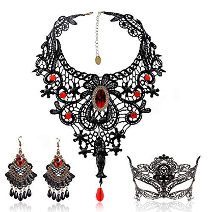 Black Lace Necklace and Earrings Set, Gothic Lolita Red Pendant Choker for a Halloween Costume and Wedding