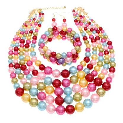 Faux Big Pearl Srand Necklaces for Women 5 Layers Pearls Choker Bib Collar Necklace Bracelet and Earrings set 1920s Costume Pearl Jewelry Bridal Wedding - color: colorful pink