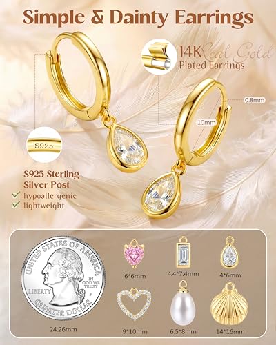 FIBO STEEL 14K Gold Plated Hoop Earrings with Charms for Women Huggie Hoops | Hypoallergenic 925 Sterling Silver Post Dangle Earrings Small Silver Gold Hoops Earring Cubic Zirconia Dangle Drop Jewelry - color: Tear - 14K Gold Plated