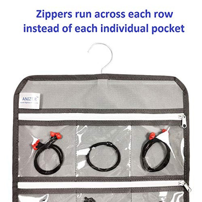 Travel Foldable Jewelry Rolls Bag Hanging Jewelry Organizer with 9 Zippered Clear Pockets Storage Pouch with Rotatable Hanger (GREY) - color: GREY