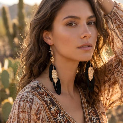 FRESHME Native American Earrings for Women - Ethnic Boho Feather Dangle Jewelry with Tessel for Birthday Party Photoshoot - color: Black